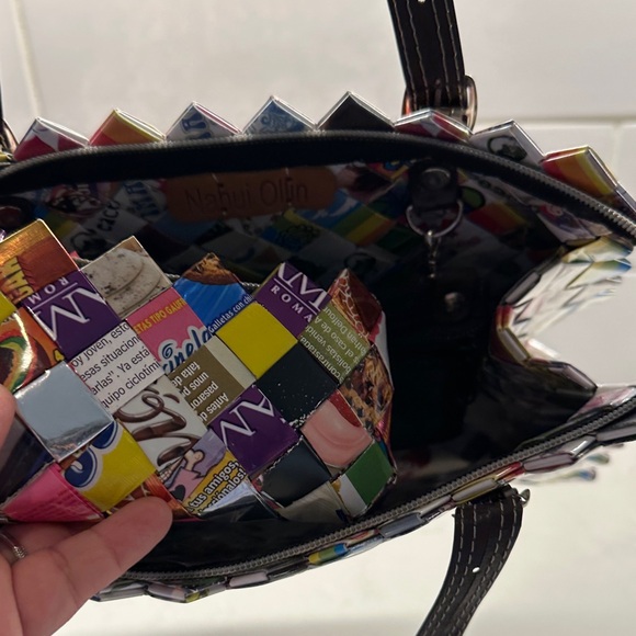 Nahui Ollin Colorful candy wrapper Woven Tote with Brown Handles - Picture 7 of 13